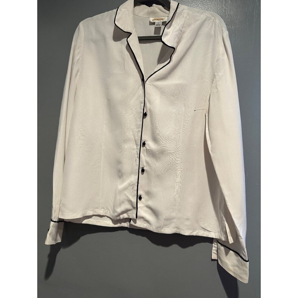 Talbots Blouse Size 12 White Black Button Up Top Academia Classic Career Preppy